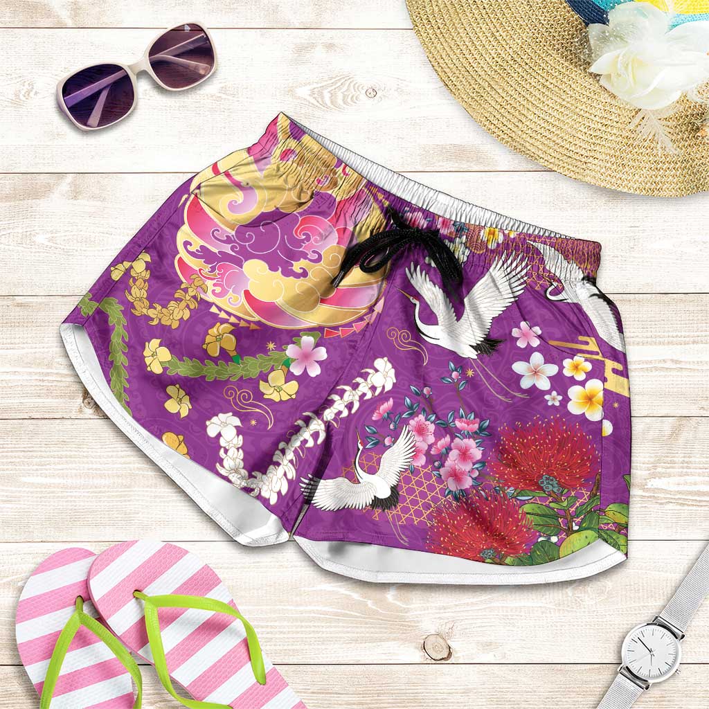 Hawaiian and Japanese Culture Together Shorts for Women Kakau Tribal Pattern and Irezumi Art Purple Color