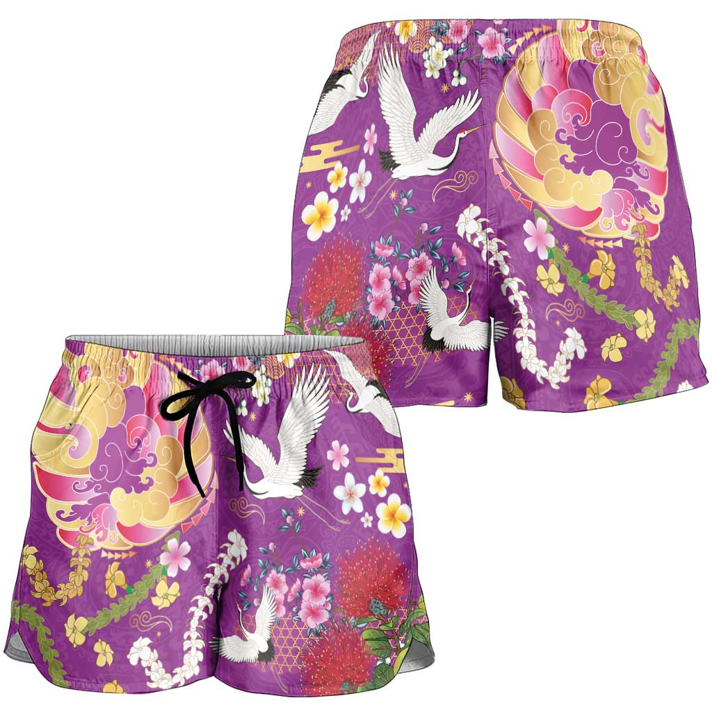 Hawaiian and Japanese Culture Together Shorts for Women Kakau Tribal Pattern and Irezumi Art Purple Color
