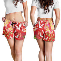 Hawaiian and Japanese Culture Together Shorts for Women Kakau Tribal Pattern and Irezumi Art Red Color