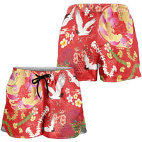 Hawaiian and Japanese Culture Together Shorts for Women Kakau Tribal Pattern and Irezumi Art Red Color
