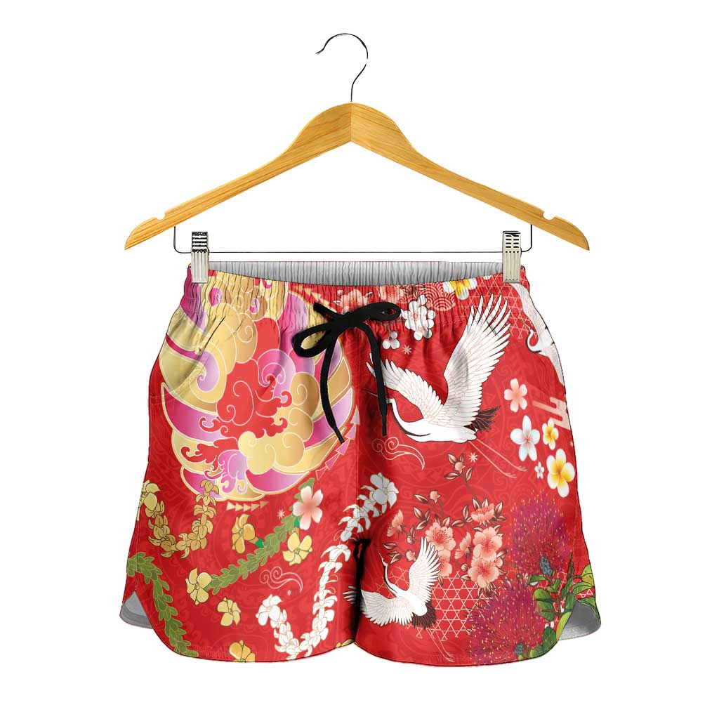 Hawaiian and Japanese Culture Together Shorts for Women Kakau Tribal Pattern and Irezumi Art Red Color