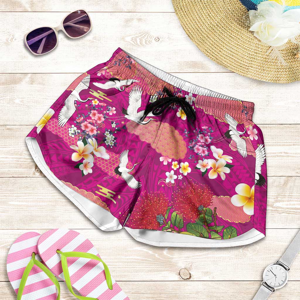 Hawaiian and Japanese Culture Together Shorts for Women Pink Ohia Lehua Plumeria and Sakura Blooming - Polynesian Pride