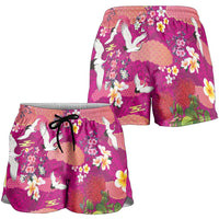 Hawaiian and Japanese Culture Together Shorts for Women Pink Ohia Lehua Plumeria and Sakura Blooming - Polynesian Pride