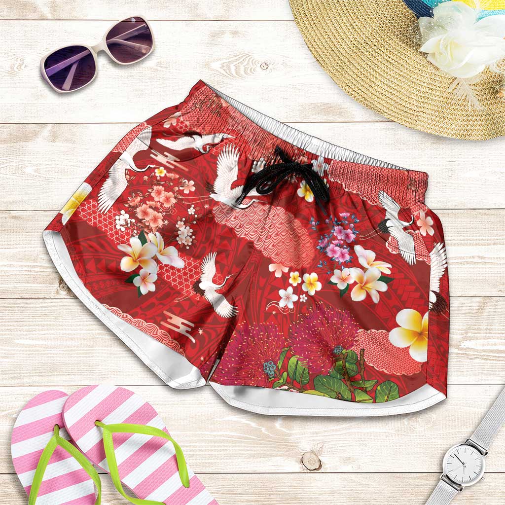 Hawaiian and Japanese Culture Together Shorts for Women Red Ohia Lehua Plumeria and Sakura Blooming - Polynesian Pride