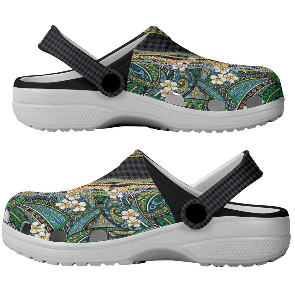 Hawaiian Art Flower Tribal with Lei Clogs Shoes Palaka Pattern Black Color - Polynesian Pride
