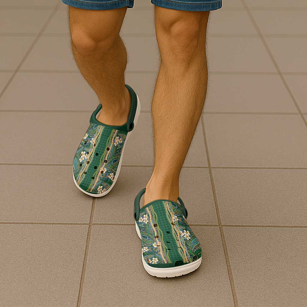 Hawaiian Art Flower Tribal with Lei Clogs Shoes Palaka Pattern Green Color - Polynesian Pride
