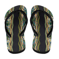 Hawaiian Art Flower Tribal with Lei Flip Flops Palaka Pattern Black Color - Polynesian Pride