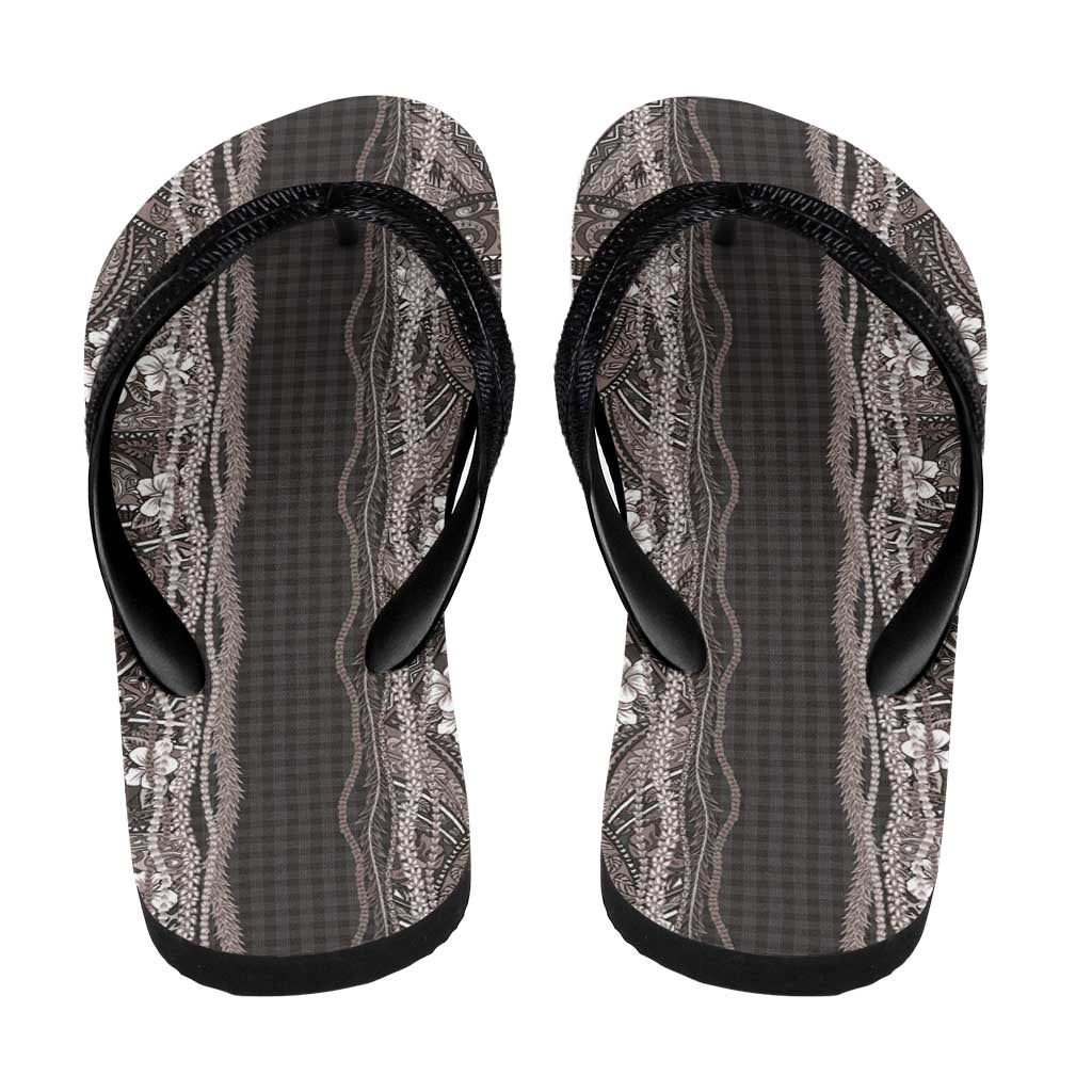 Hawaiian Art Flower Tribal with Lei Flip Flops Palaka Pattern Grayscale - Polynesian Pride