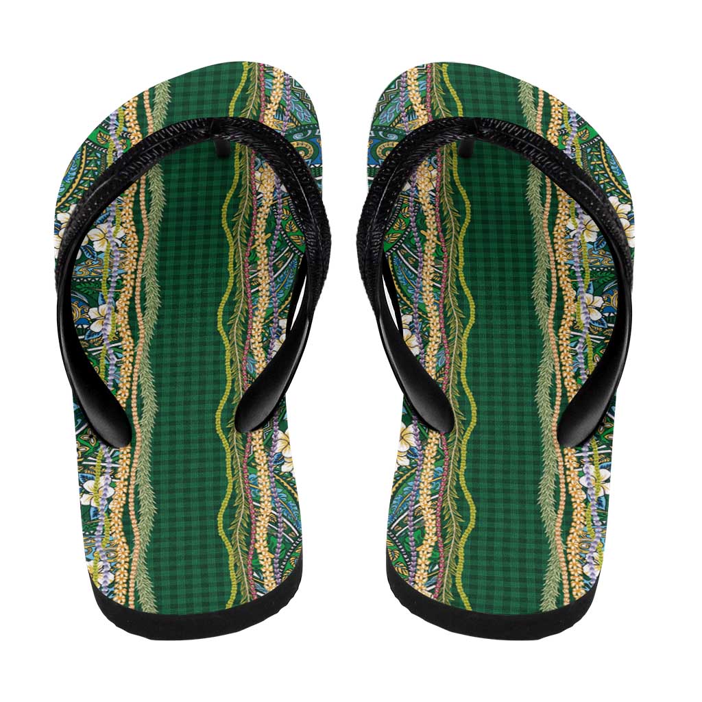 Hawaiian Art Flower Tribal with Lei Flip Flops Palaka Pattern Green Color - Polynesian Pride