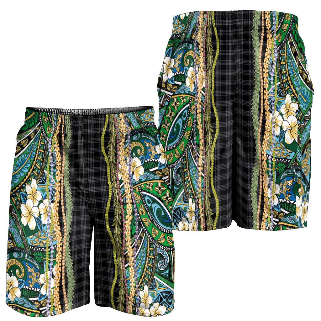 Hawaiian Art Flower Tribal with Lei Shorts for Men Palaka Pattern Black Color - Polynesian Pride