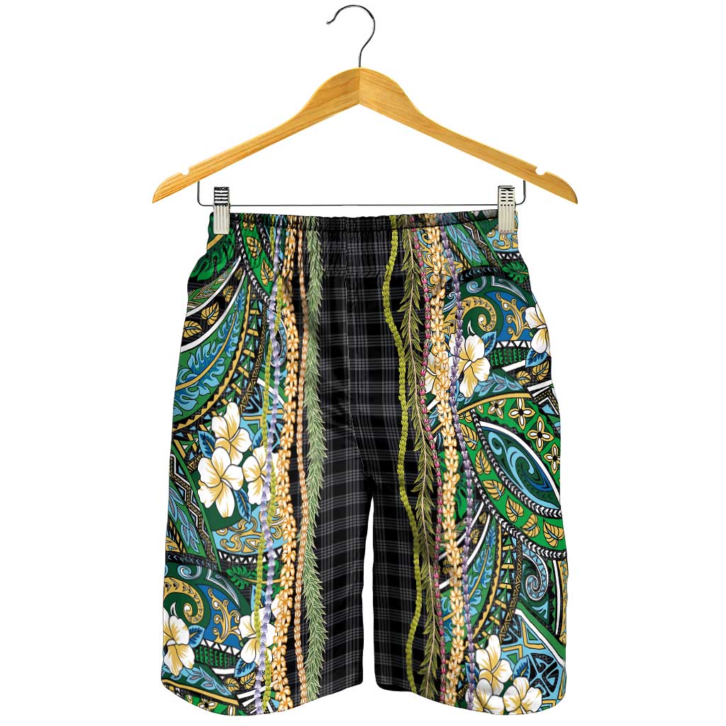 Hawaiian Art Flower Tribal with Lei Shorts for Men Palaka Pattern Black Color - Polynesian Pride