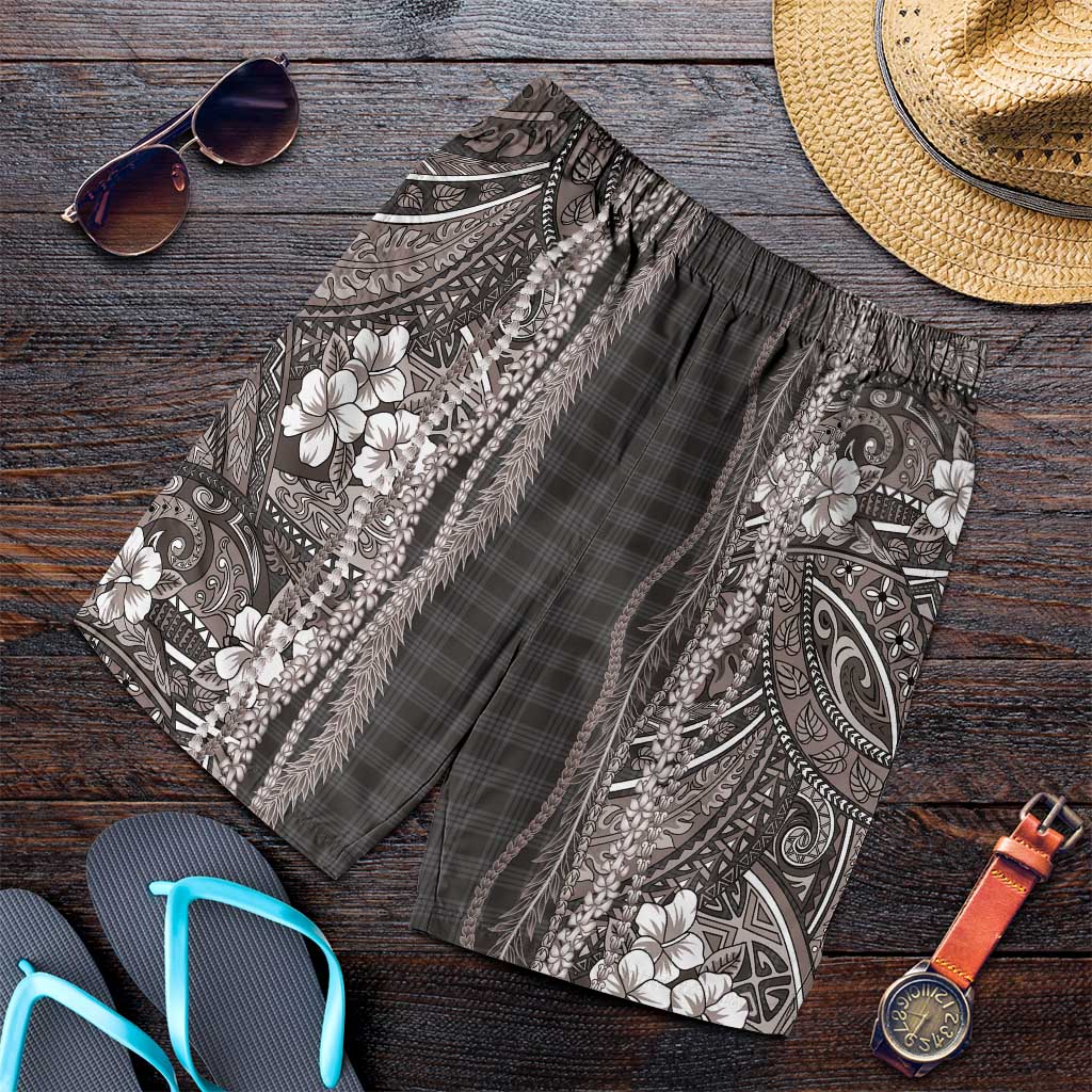 Hawaiian Art Flower Tribal with Lei Shorts for Men Palaka Pattern Grayscale - Polynesian Pride