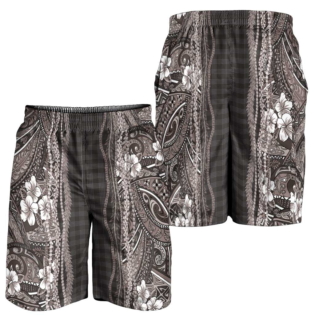 Hawaiian Art Flower Tribal with Lei Shorts for Men Palaka Pattern Grayscale - Polynesian Pride