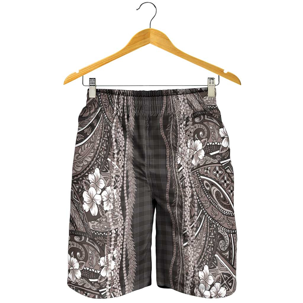 Hawaiian Art Flower Tribal with Lei Shorts for Men Palaka Pattern Grayscale - Polynesian Pride