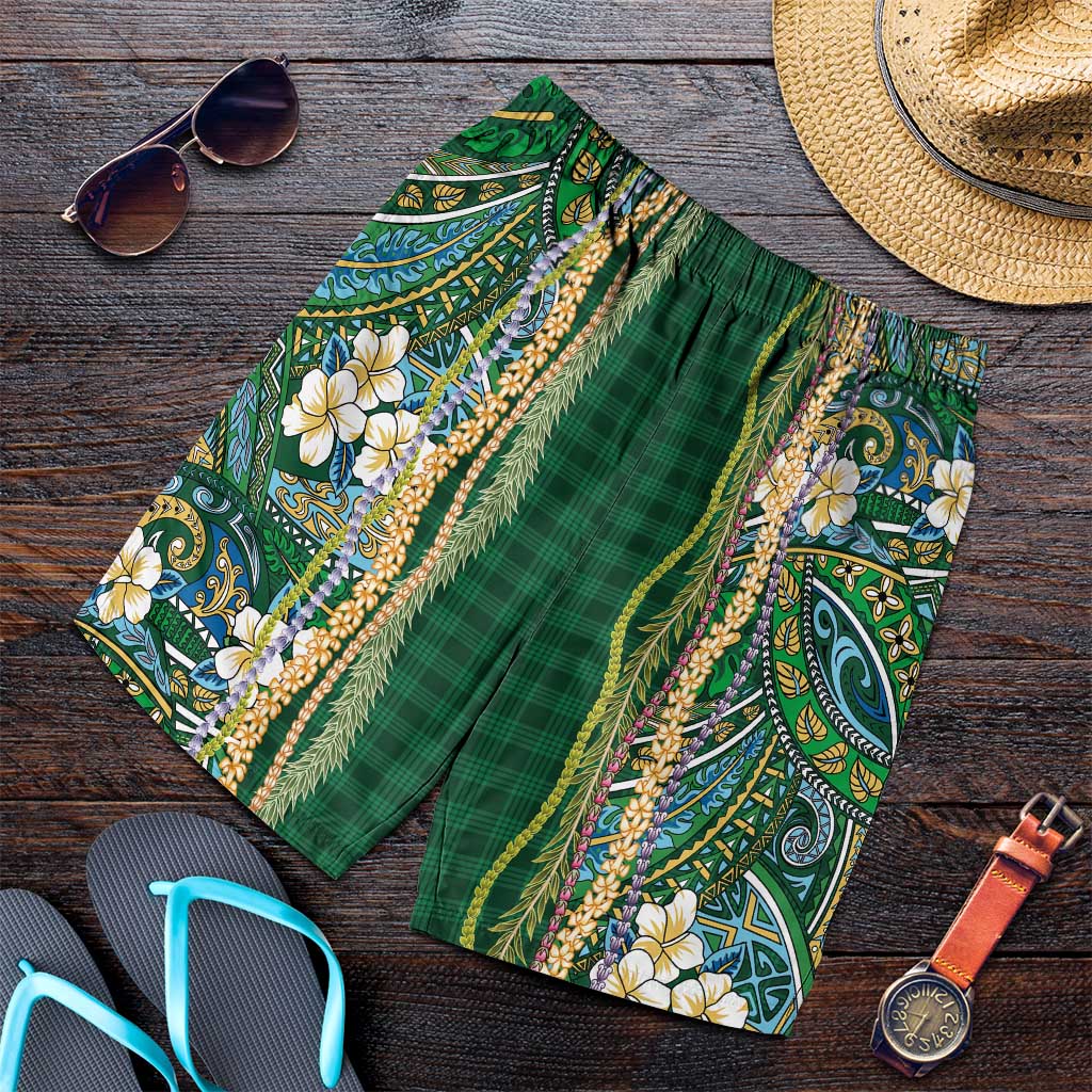Hawaiian Art Flower Tribal with Lei Shorts for Men Palaka Pattern Green Color - Polynesian Pride