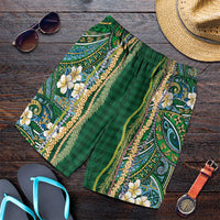 Hawaiian Art Flower Tribal with Lei Shorts for Men Palaka Pattern Green Color - Polynesian Pride