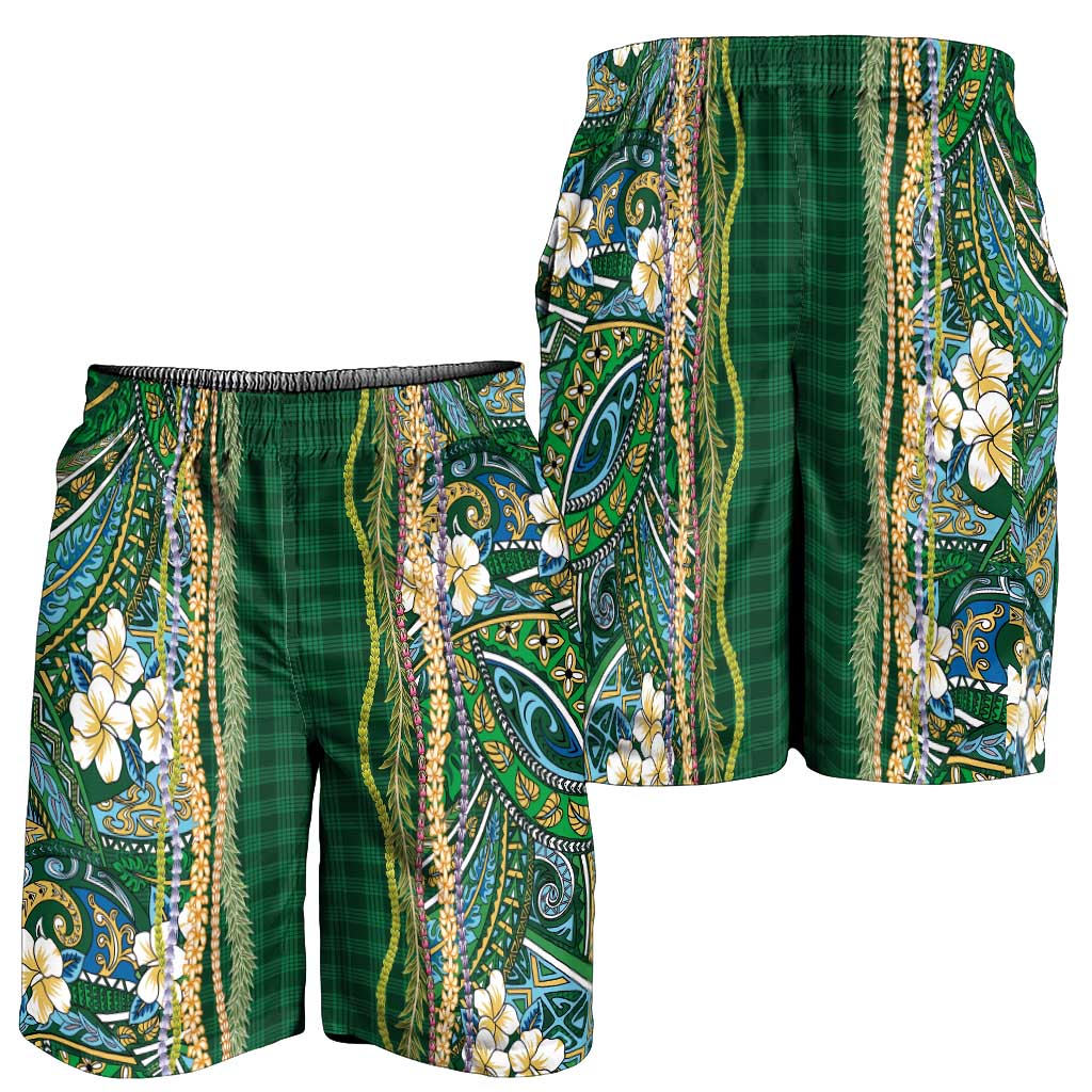 Hawaiian Art Flower Tribal with Lei Shorts for Men Palaka Pattern Green Color - Polynesian Pride