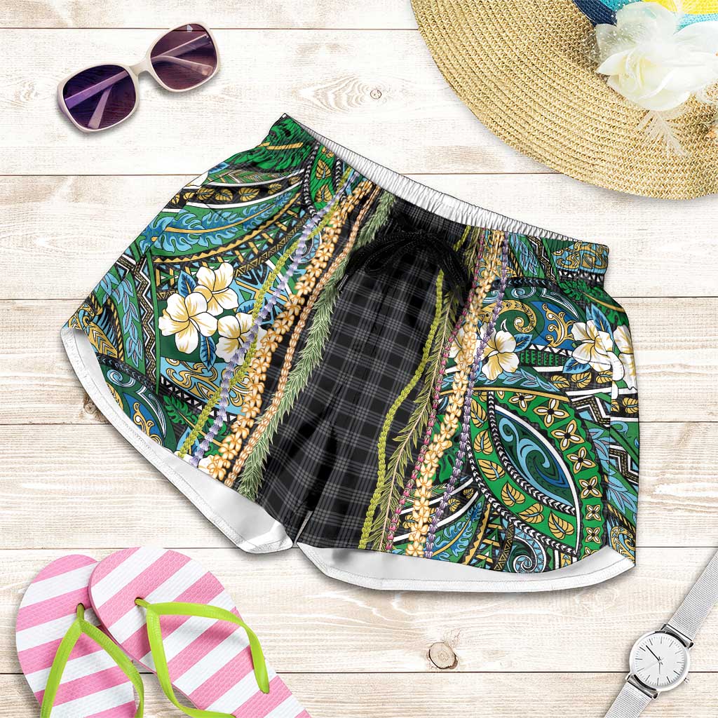 Hawaiian Art Flower Tribal with Lei Shorts for Women Palaka Pattern Black Color - Polynesian Pride