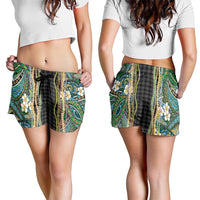 Hawaiian Art Flower Tribal with Lei Shorts for Women Palaka Pattern Black Color - Polynesian Pride