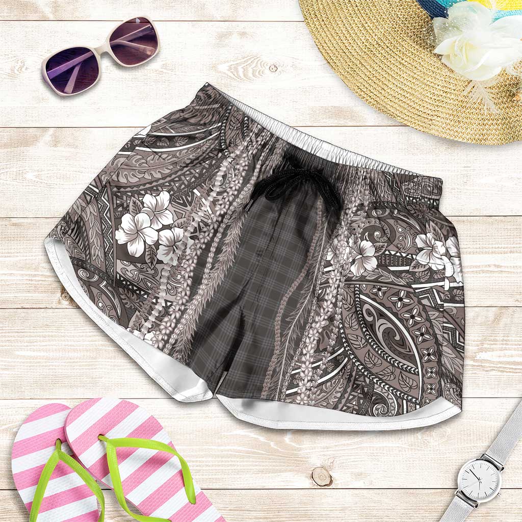 Hawaiian Art Flower Tribal with Lei Shorts for Women Palaka Pattern Grayscale - Polynesian Pride