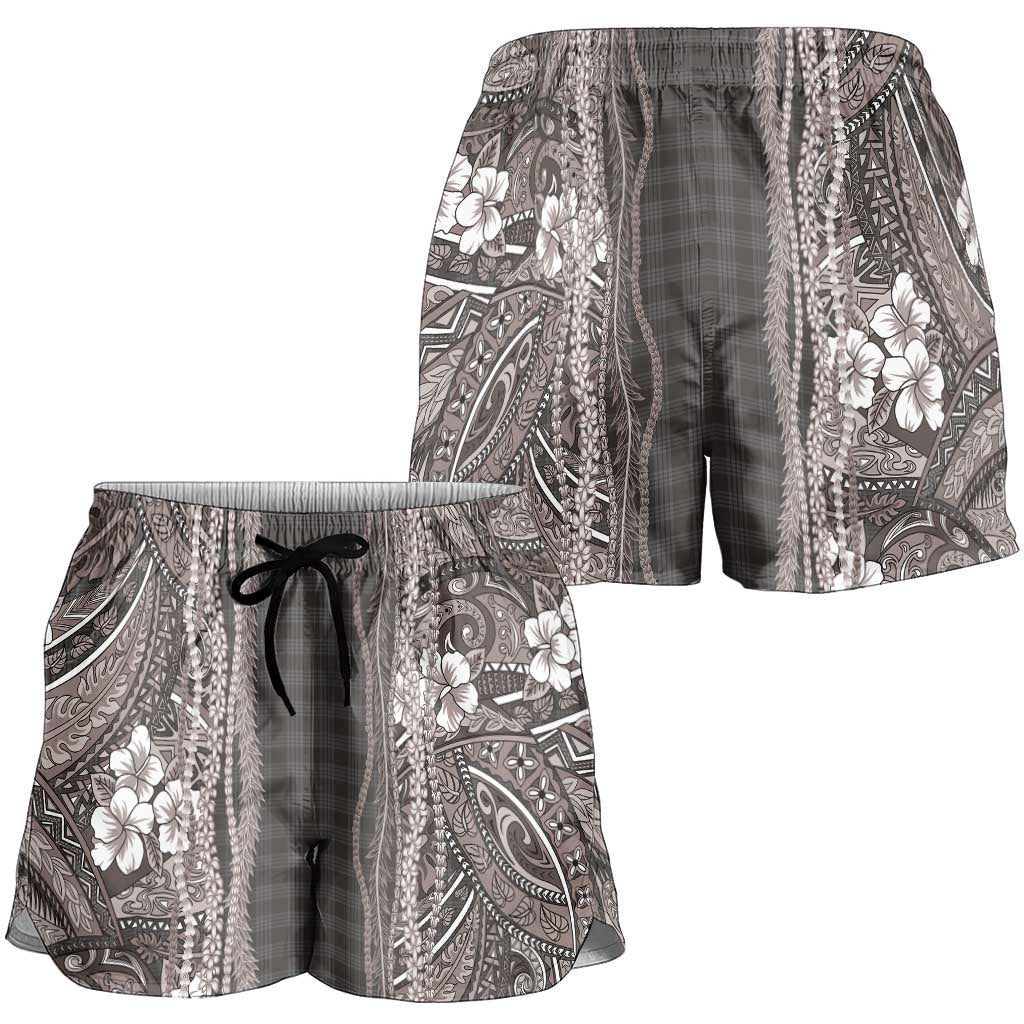 Hawaiian Art Flower Tribal with Lei Shorts for Women Palaka Pattern Grayscale - Polynesian Pride