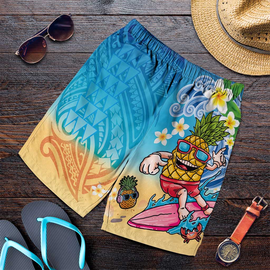 Hawaiian Funny Pineapple Surfing Shorts for Men Beach with Tribal Kakau and Plumeria
