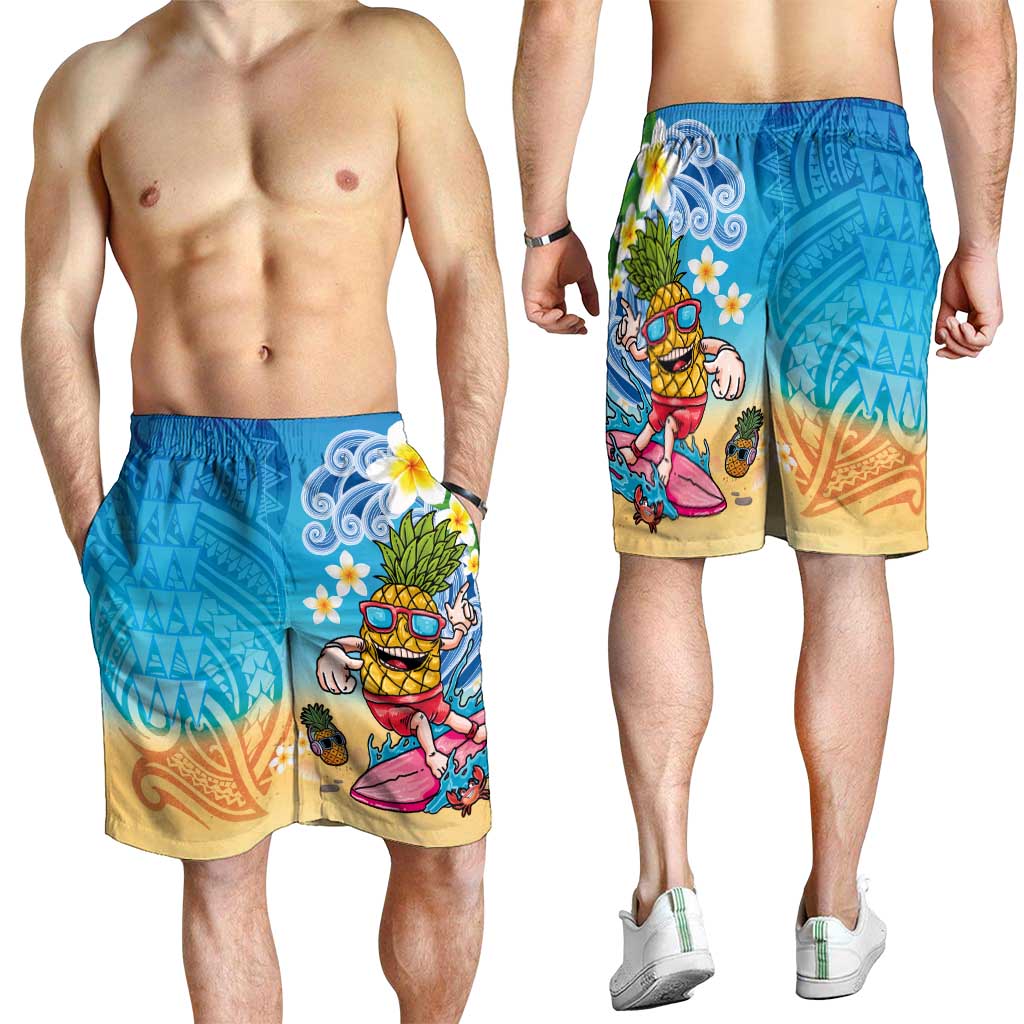 Hawaiian Funny Pineapple Surfing Shorts for Men Beach with Tribal Kakau and Plumeria LT03 - Polynesian Pride