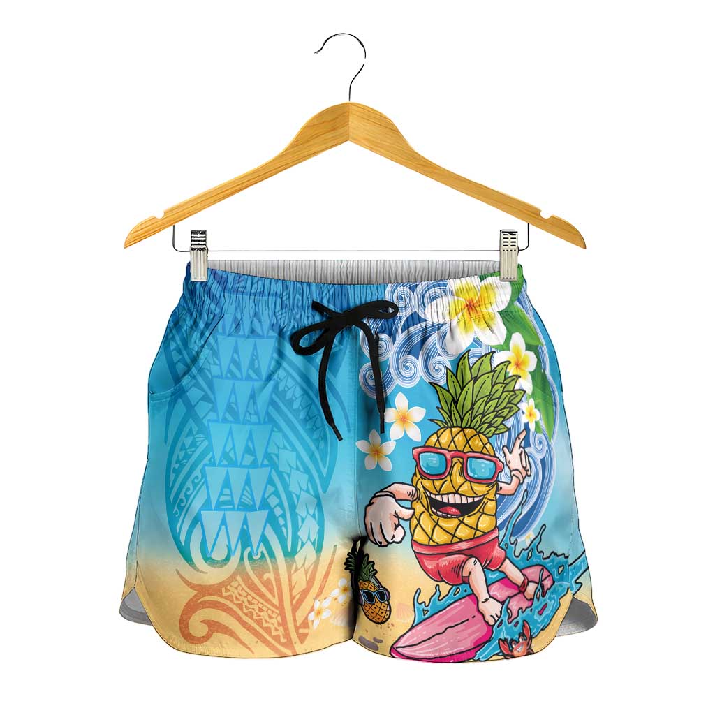 Hawaiian Funny Pineapple Surfing Shorts for Women Beach with Tribal Kakau and Plumeria LT03 - Polynesian Pride