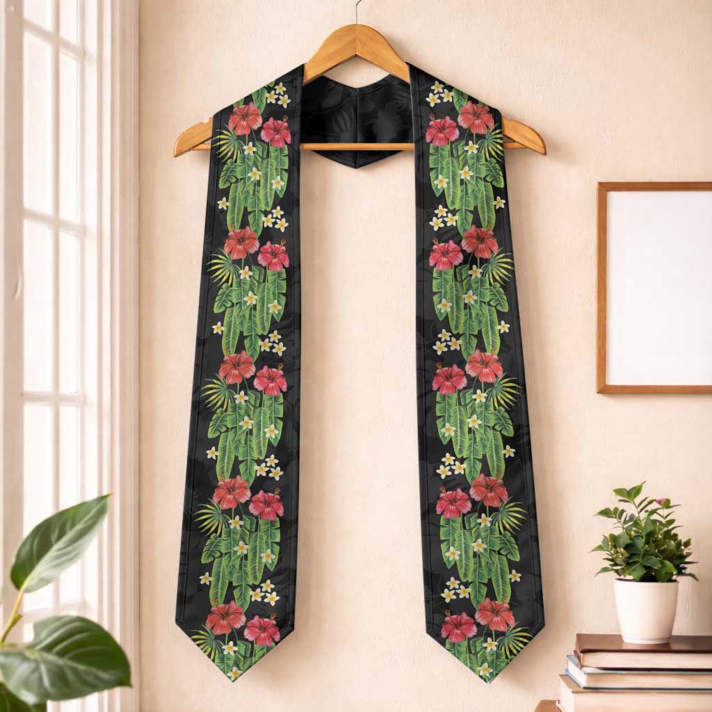 Hawaiian Hibiscus Plumeria Graduation Stole Tropical Leaves LT01 One Size Black - Polynesian Pride