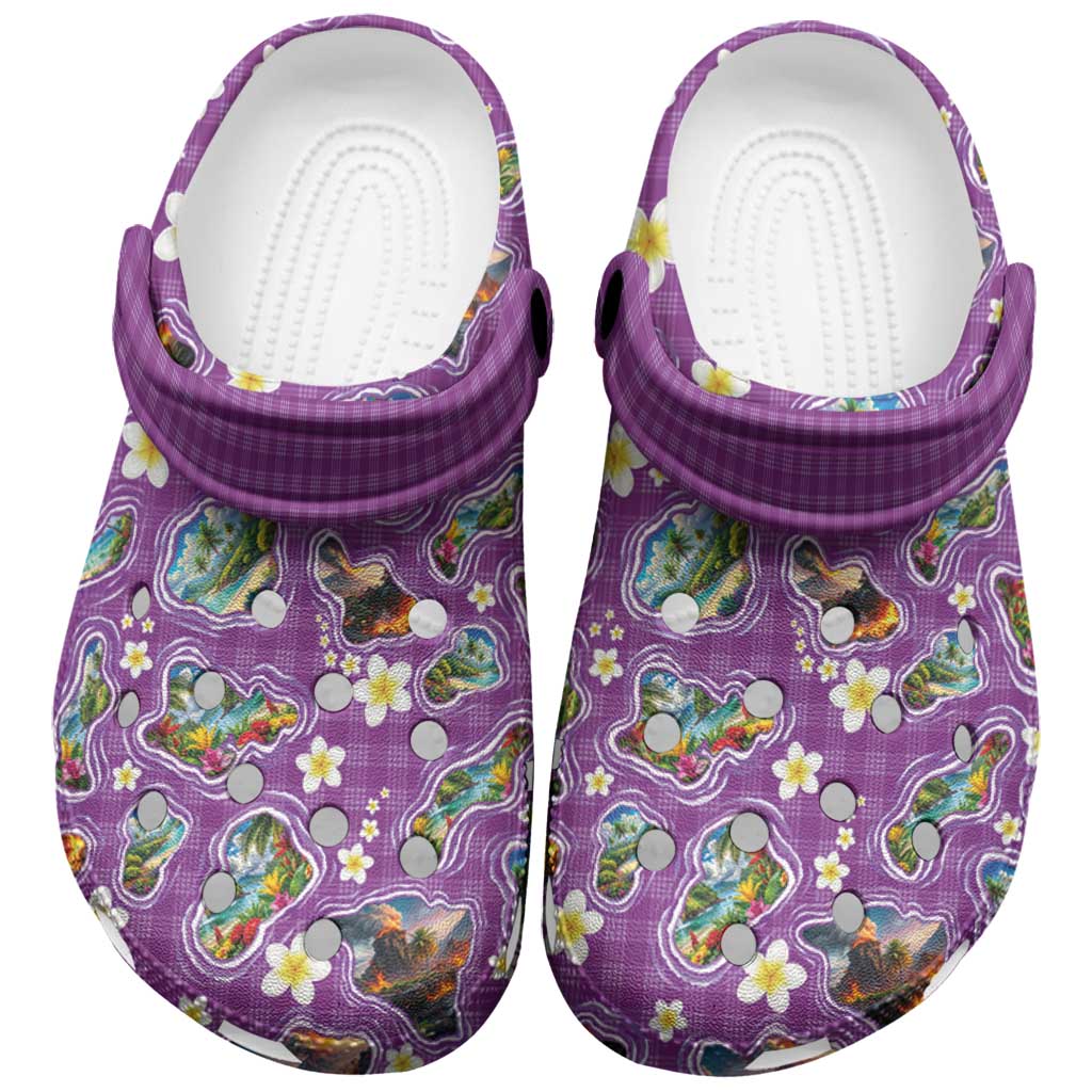 Hawaiian Island Shapes-Iconic Landscape Clogs Shoes with Plumeria and Palaka Purple Color LT03 Purple - Polynesian Pride