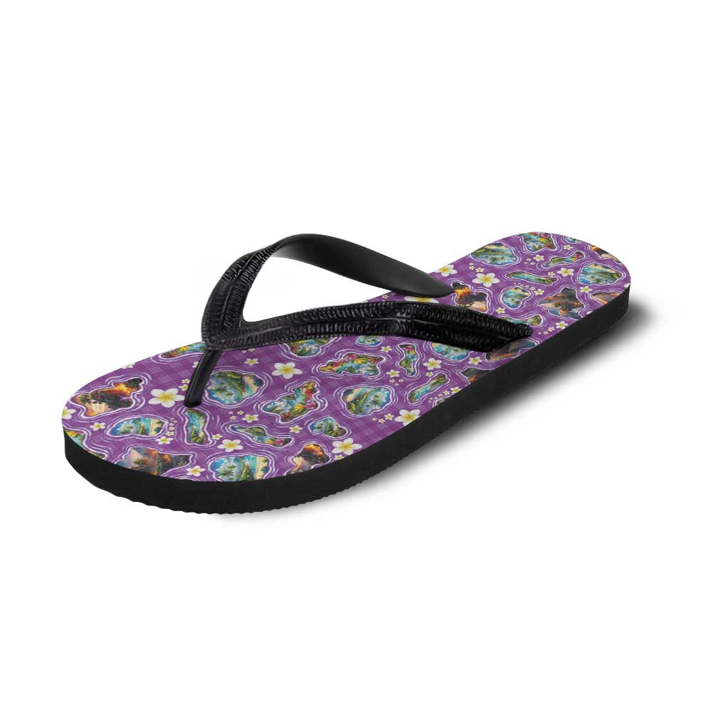 Hawaiian Island Shapes-Iconic Landscape Flip Flops with Plumeria and Palaka Purple Color LT03 - Polynesian Pride
