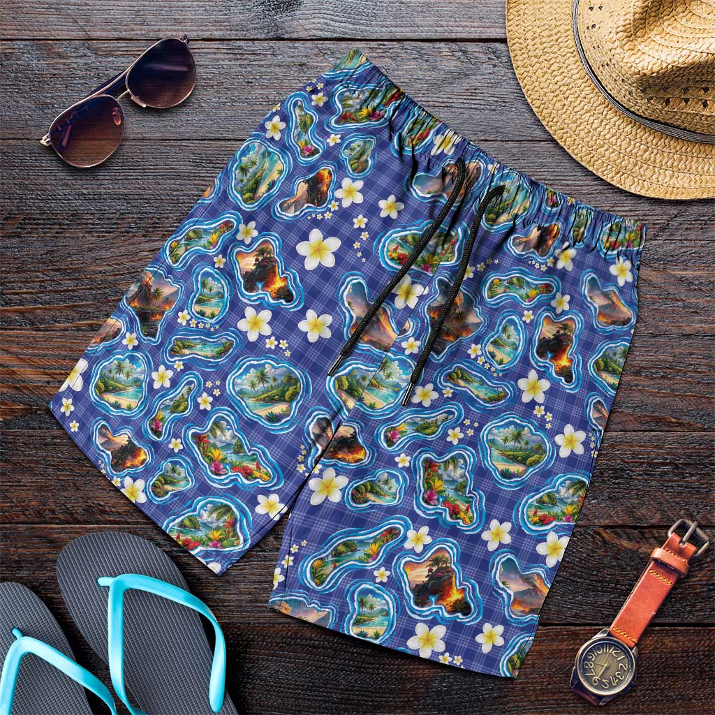 Hawaiian Island Shapes-Iconic Landscape Shorts for Men with Plumeria and Palaka Blue Color LT03 Blue - Polynesian Pride