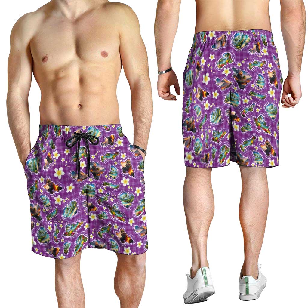 Hawaiian Island Shapes-Iconic Landscape Shorts for Men with Plumeria and Palaka Purple Color LT03 - Polynesian Pride