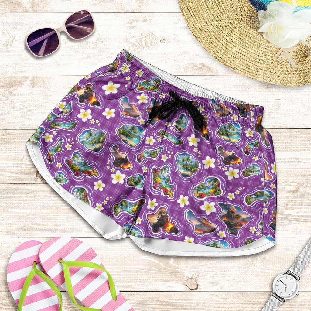 Hawaiian Island Shapes-Iconic Landscape Shorts for Women with Plumeria and Palaka Purple Color