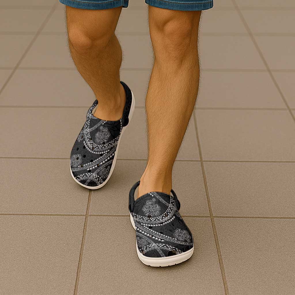 Hawaiian Kakau Art and Hisbiscus Tattoo Clogs Shoes Tribal Pattern-Silver Style - Polynesian Pride