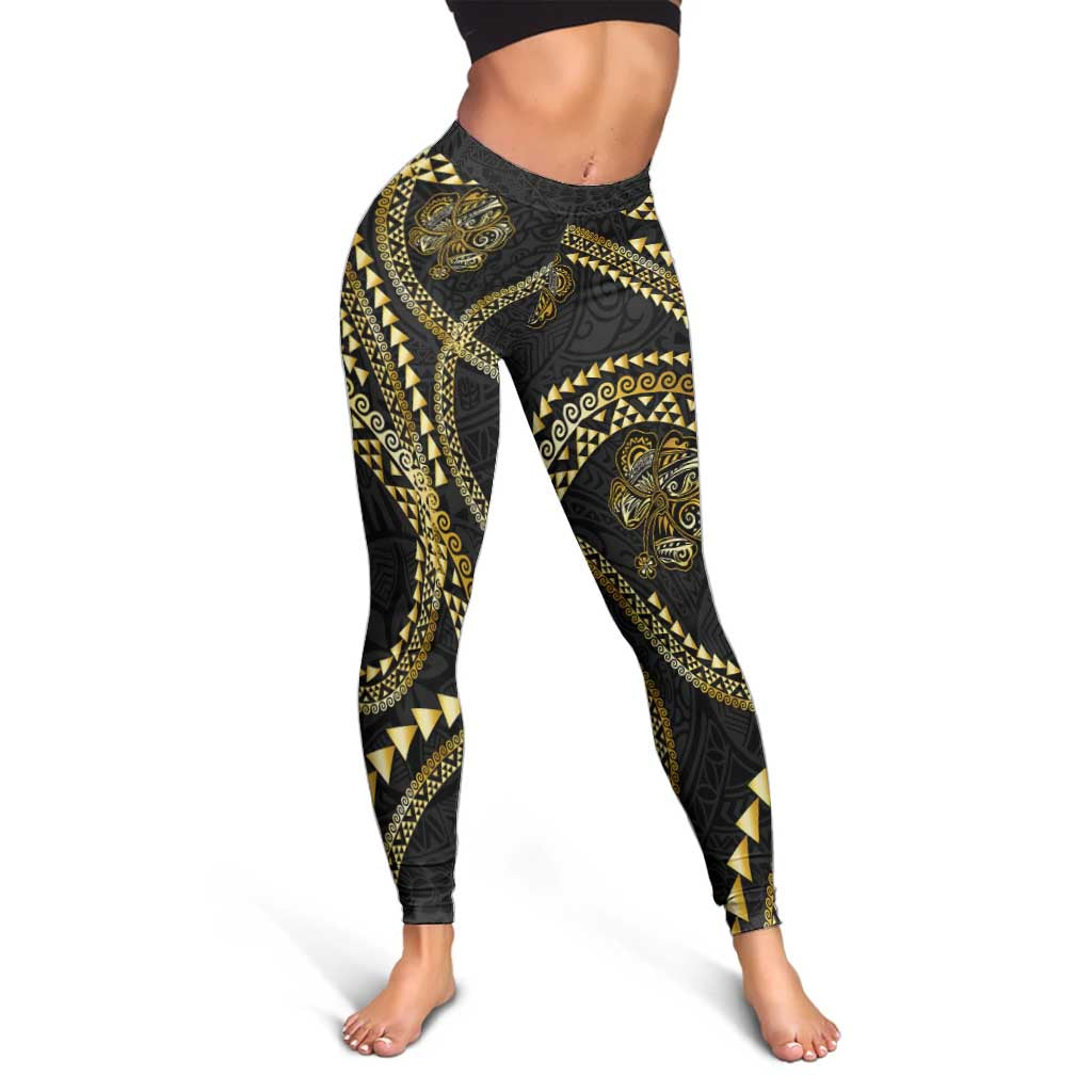 Hawaiian Kakau Art and Hisbiscus Tattoo Leggings Tribal Pattern-Gold Style - Polynesian Pride