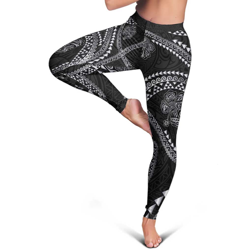 Hawaiian Kakau Art and Hisbiscus Tattoo Leggings Tribal Pattern-Silver Style - Polynesian Pride