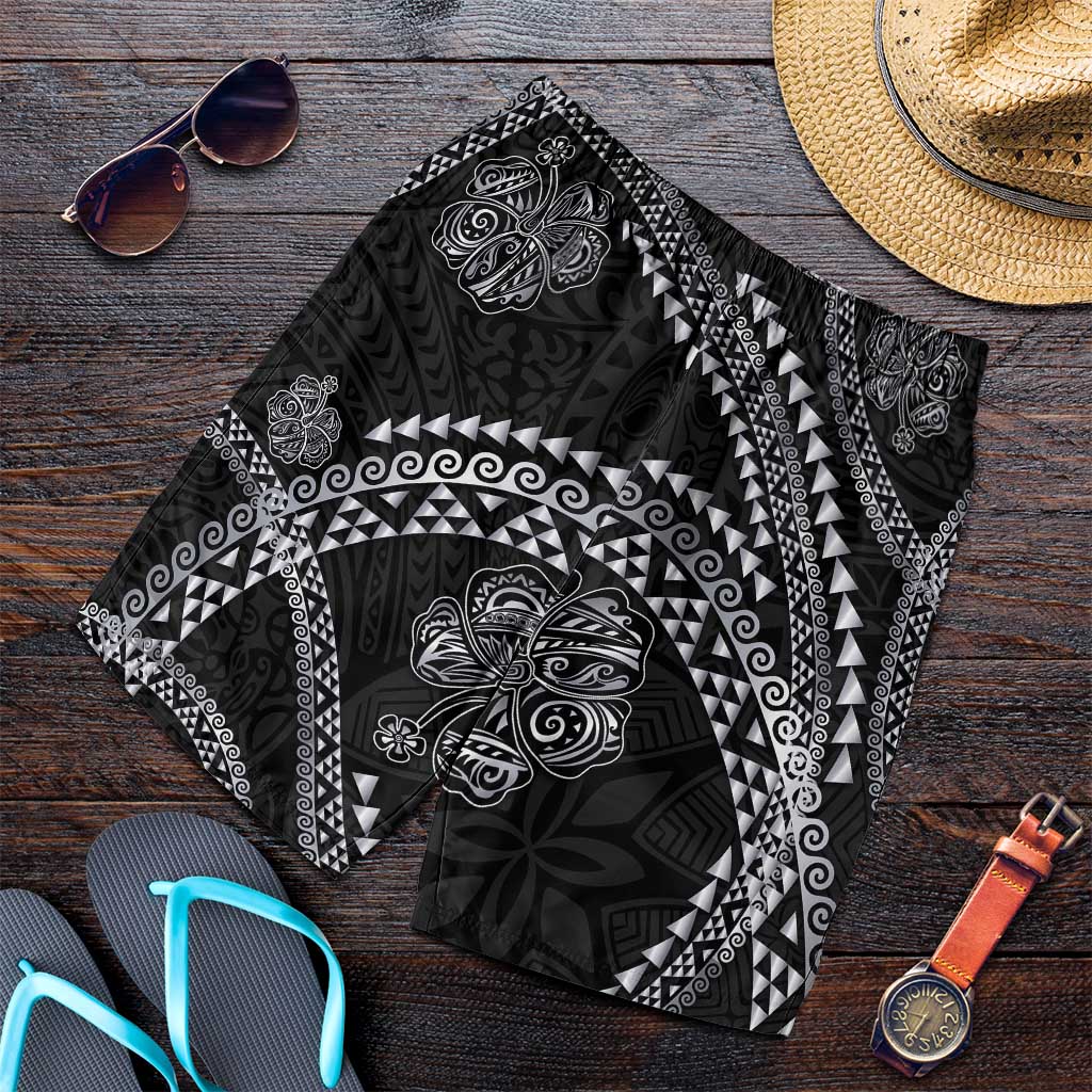 Hawaiian Kakau Art and Hisbiscus Tattoo Shorts for Men Tribal Pattern-Silver Style - Polynesian Pride