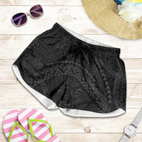 Hawaiian Kakau Art and Hisbiscus Tattoo Shorts for Women Tribal Pattern-Black Gradient Style - Polynesian Pride