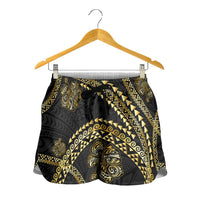 Hawaiian Kakau Art and Hisbiscus Tattoo Shorts for Women Tribal Pattern-Gold Style - Polynesian Pride