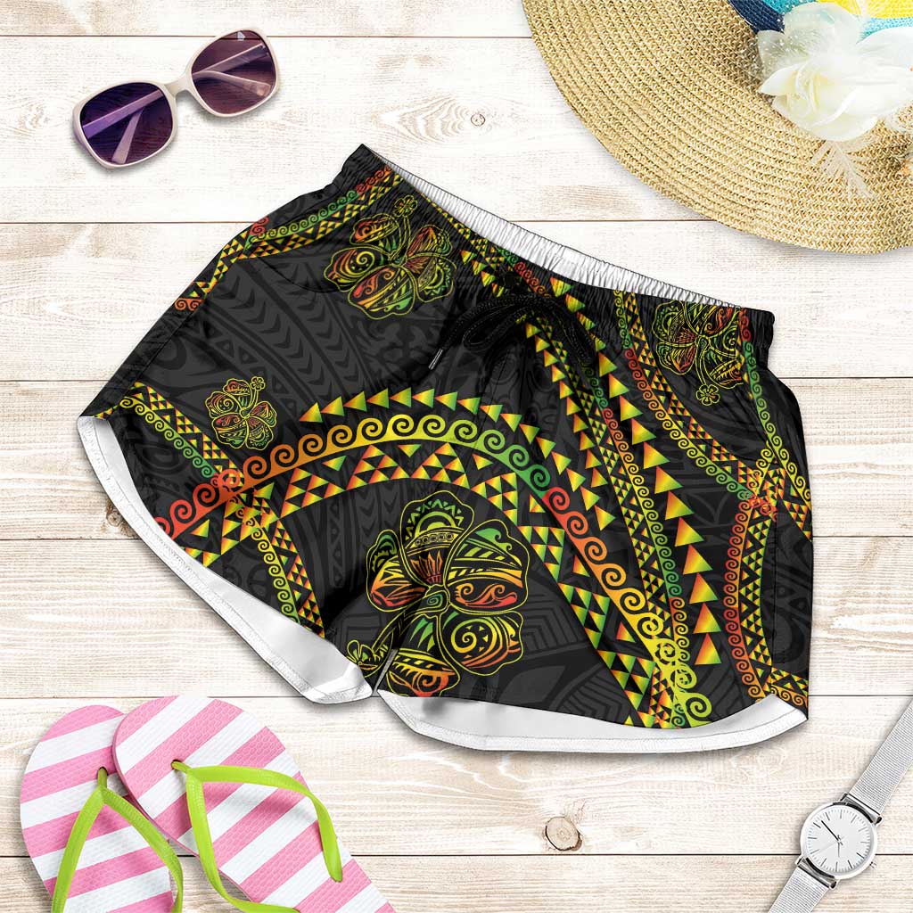 Hawaiian Kakau Art and Hisbiscus Tattoo Shorts for Women Tribal Pattern-Reggae Style - Polynesian Pride