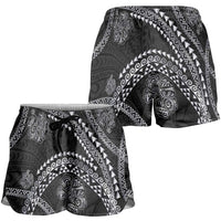 Hawaiian Kakau Art and Hisbiscus Tattoo Shorts for Women Tribal Pattern-Silver Style - Polynesian Pride