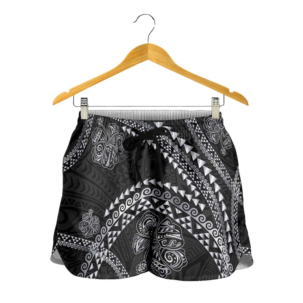 Hawaiian Kakau Art and Hisbiscus Tattoo Shorts for Women Tribal Pattern-Silver Style - Polynesian Pride