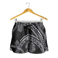 Hawaiian Kakau Art and Hisbiscus Tattoo Shorts for Women Tribal Pattern-Silver Style - Polynesian Pride
