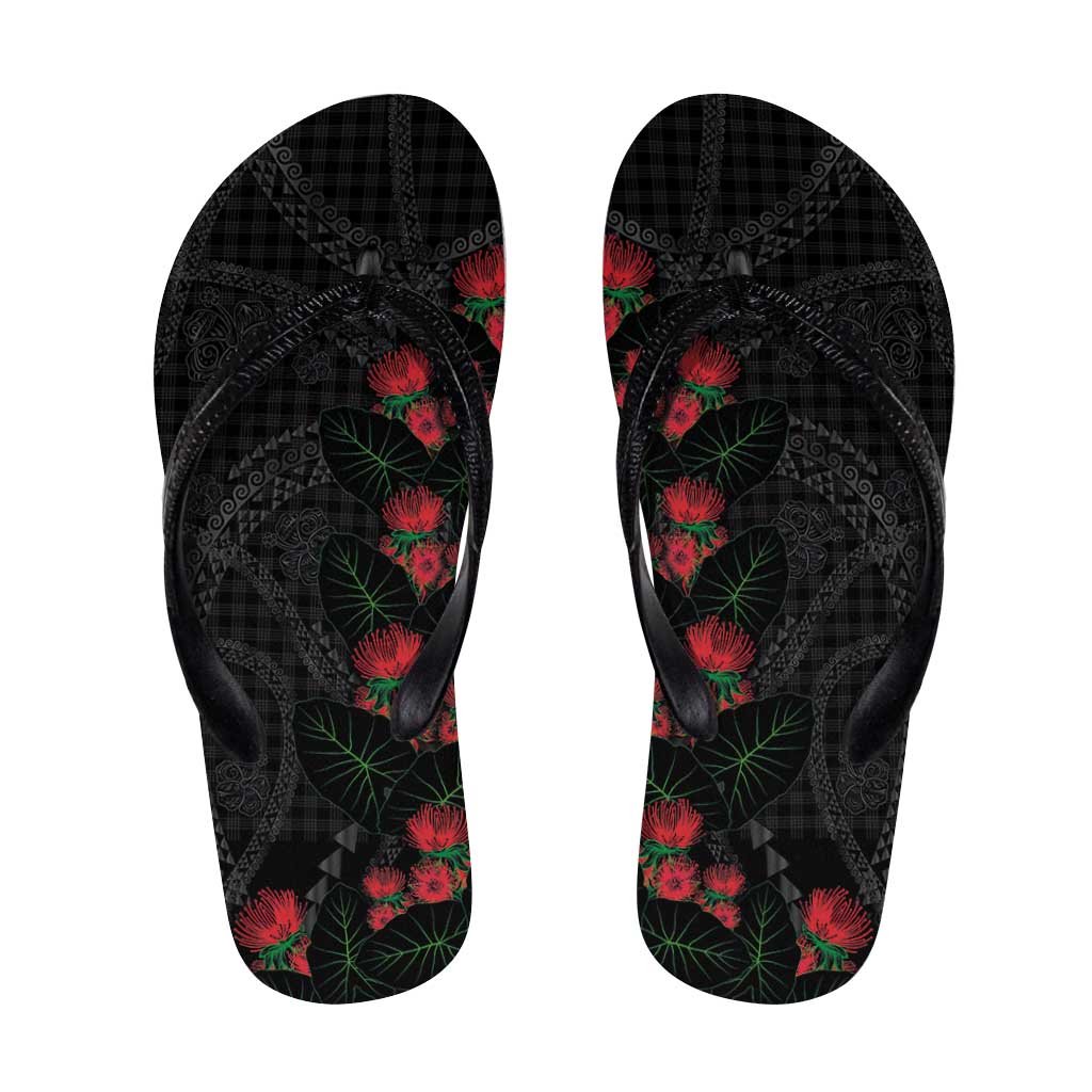 Hawaiian Kakau Art Flip Flops Taro Leaves with Ohia Lehua and Pakala Pattern - Polynesian Pride