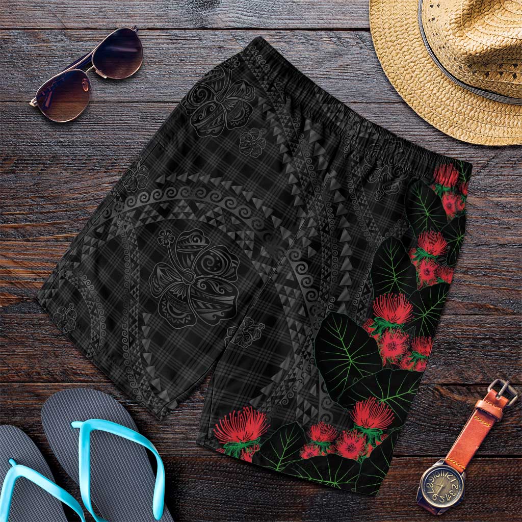 Hawaiian Kakau Art Shorts for Men Taro Leaves with Ohia Lehua and Pakala Pattern - Polynesian Pride