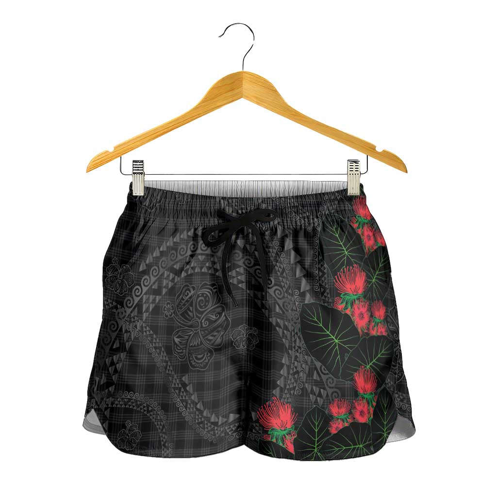 Hawaiian Kakau Art Shorts for Women Taro Leaves with Ohia Lehua and Pakala Pattern - Polynesian Pride