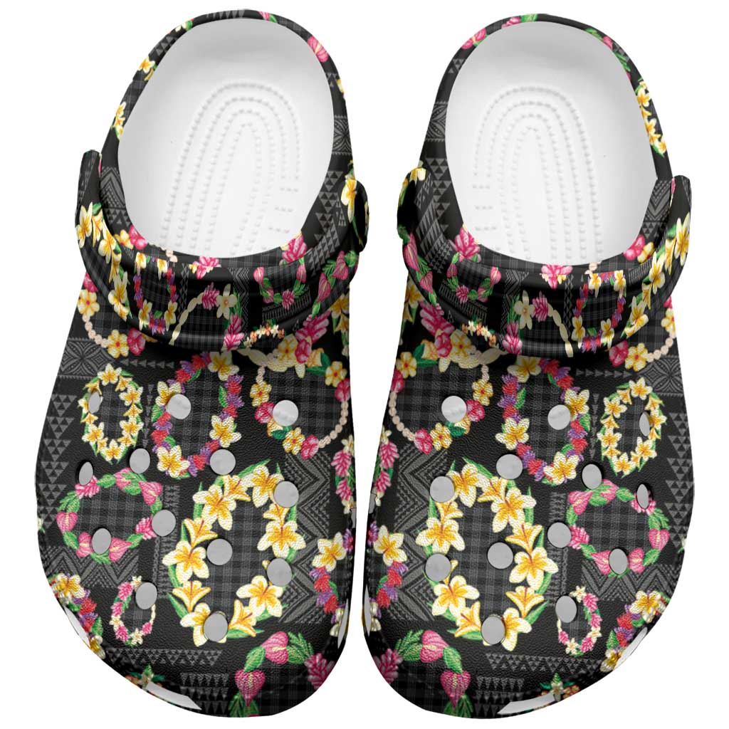 Hawaiian Kakau Tattoo Leis and Palaka Pattern Clogs Shoes Traditional Aloha Tribal Black Color