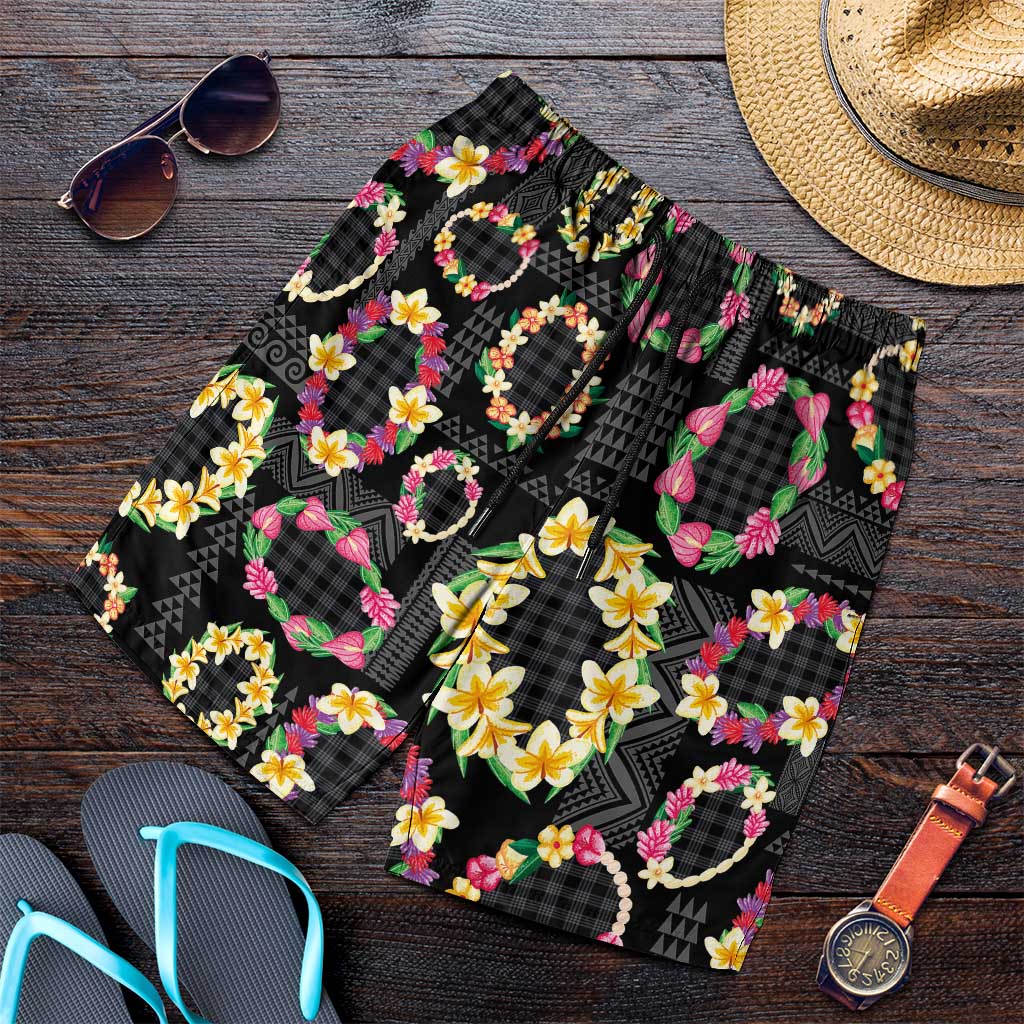 Hawaiian Kakau Tattoo Leis and Palaka Pattern Shorts for Men Traditional Aloha Tribal Black Color LT03 Black - Polynesian Pride