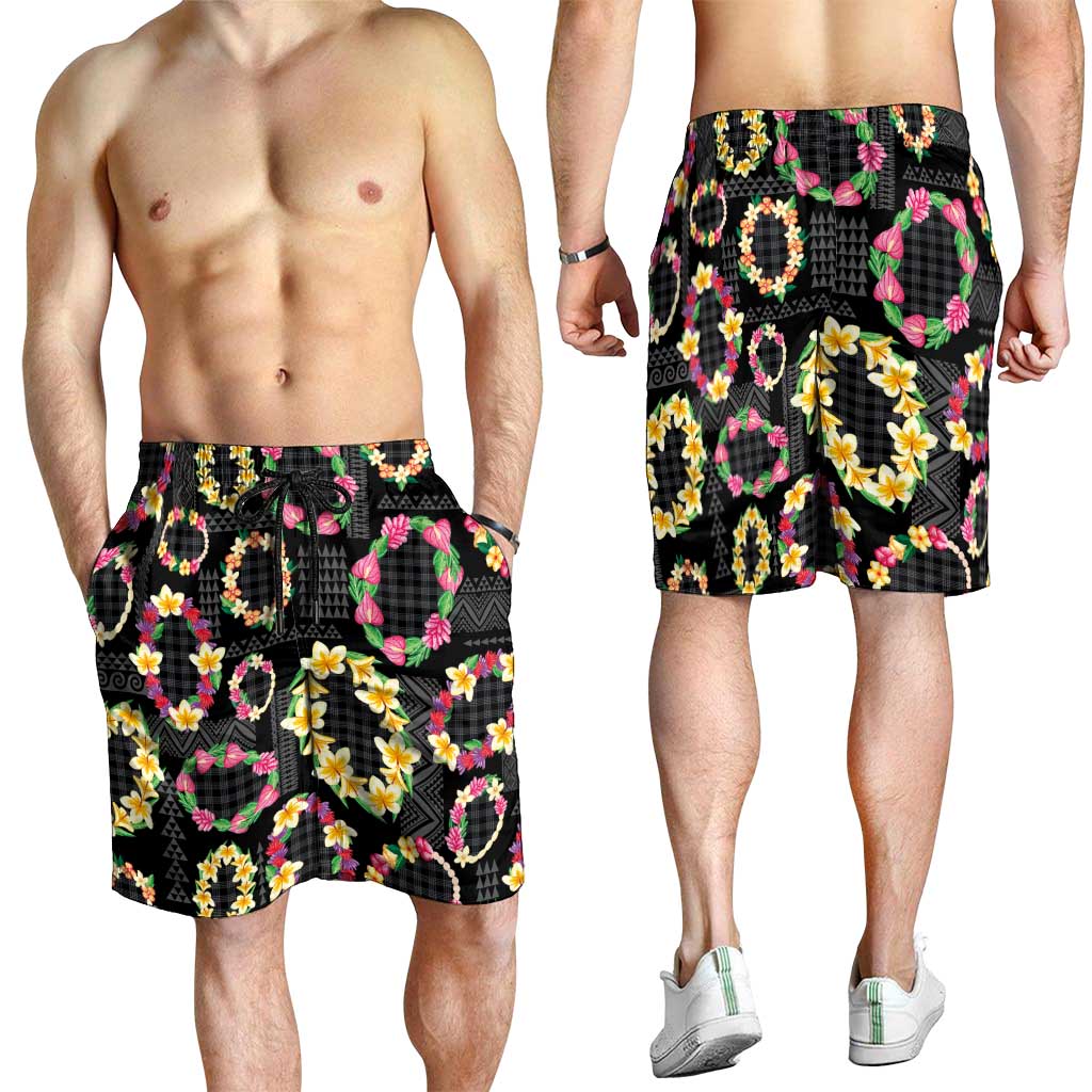 Hawaiian Kakau Tattoo Leis and Palaka Pattern Shorts for Men Traditional Aloha Tribal Black Color LT03 - Polynesian Pride